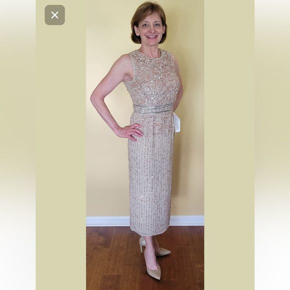 $398 Mac Duggal 10509 Midi Sheath SequinCocktail Dress in Nude 214/090 - Picture 14 of 15